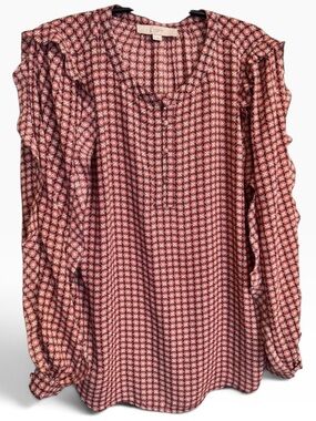 LOFT Red Geo Medallion Print Long Sleeve Blouse w/ Ruffle Down Sleeves MED